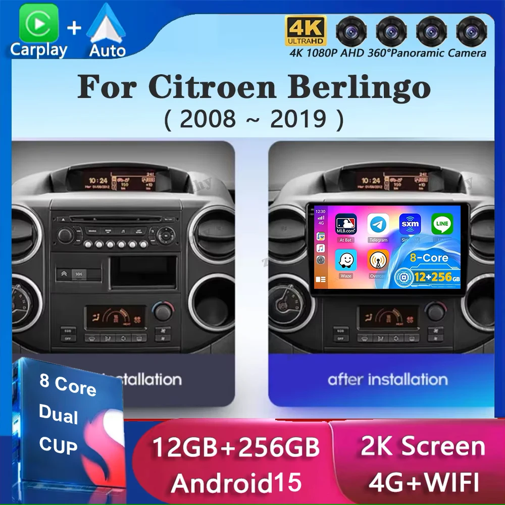 

Автомобильный радиоприемник Android 15 CarPlay для Citroen Berlingo 2 B9 Peugeot Partner 2008-2019, мультимедийный видеоплеер, GPS, авторадио HU