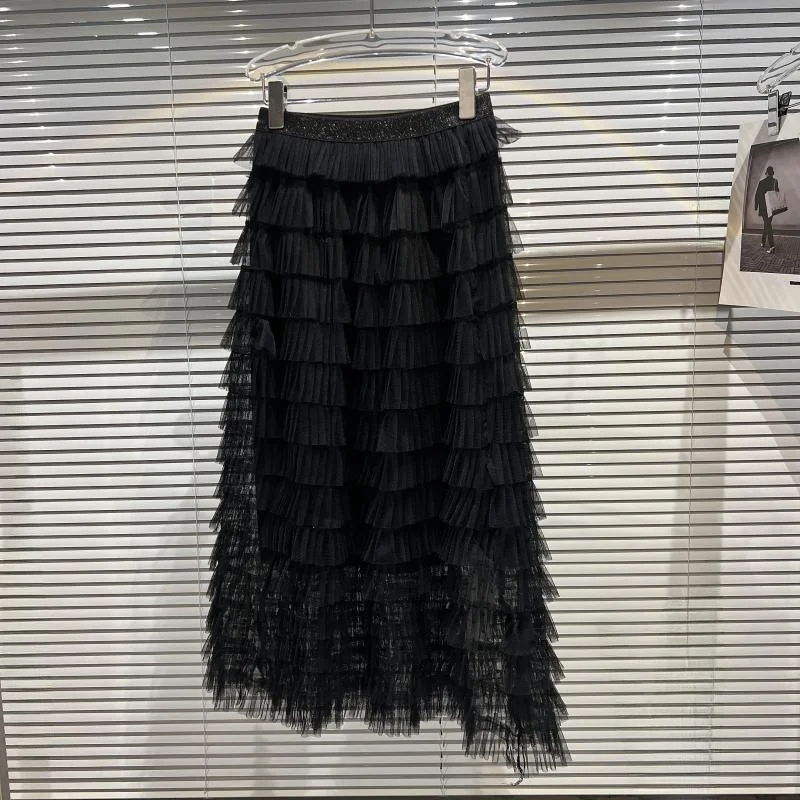 Spring  Sweet Sle Midi A-Line Skirt Pure Color Me Multi-Layer Elastic Waist f Body Skirt Fairy T Sle Women's ...