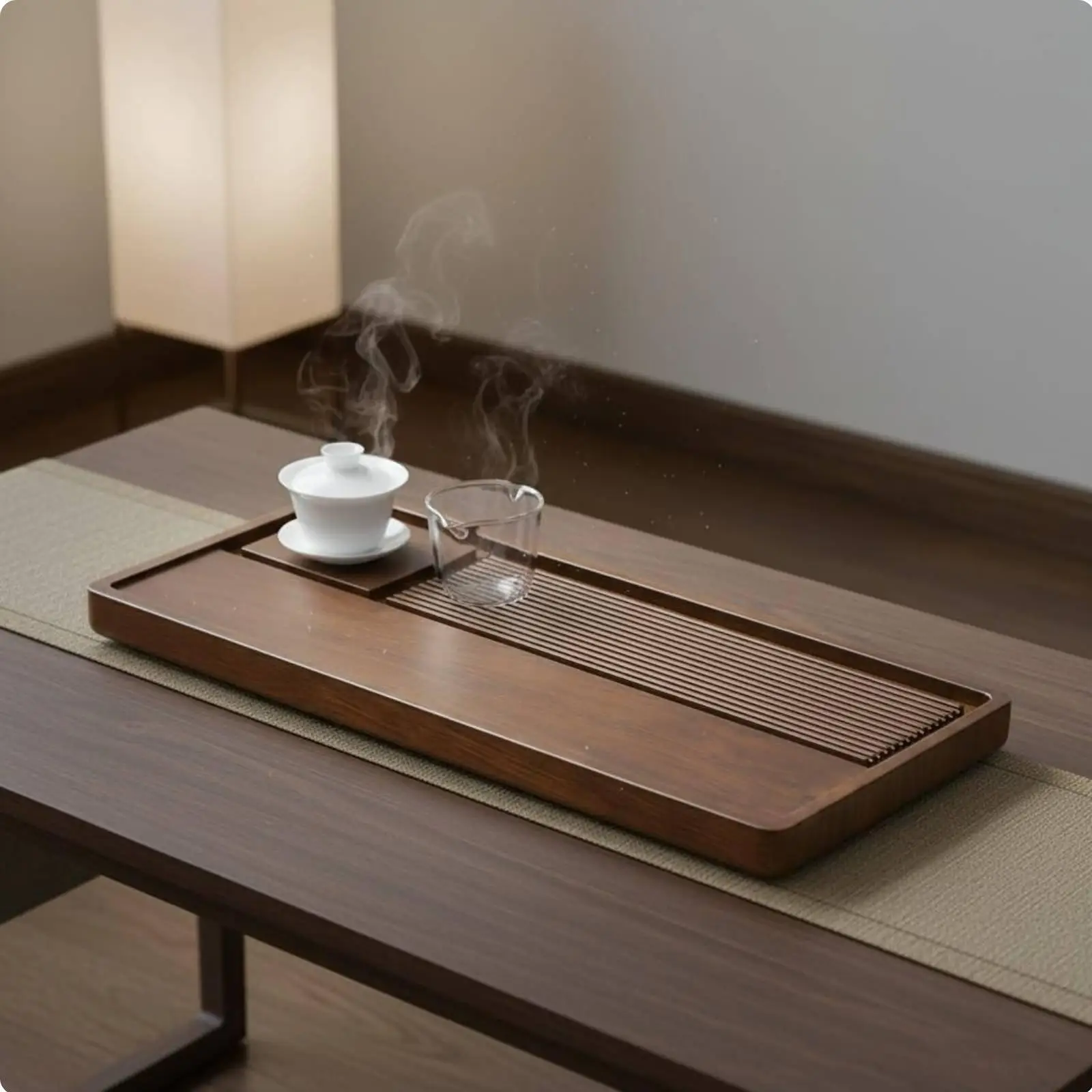 Rectangular Bamboo Tea Draining Board with Water Outlet Decorative Tray for Teapot Cups Modern Minimalist Home Kitchen Table
