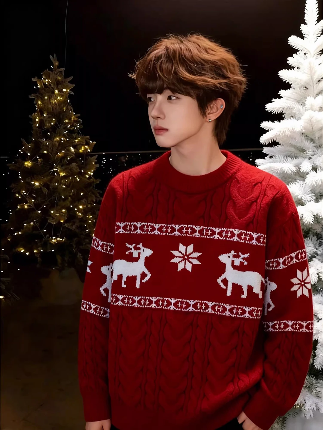 

Мужской вязаный свитер с узором «Красный олень», утепленный, в стиле Cisas, базовый слой, повседневный, свободный крой, теплый, зимний, с длинными рукавами