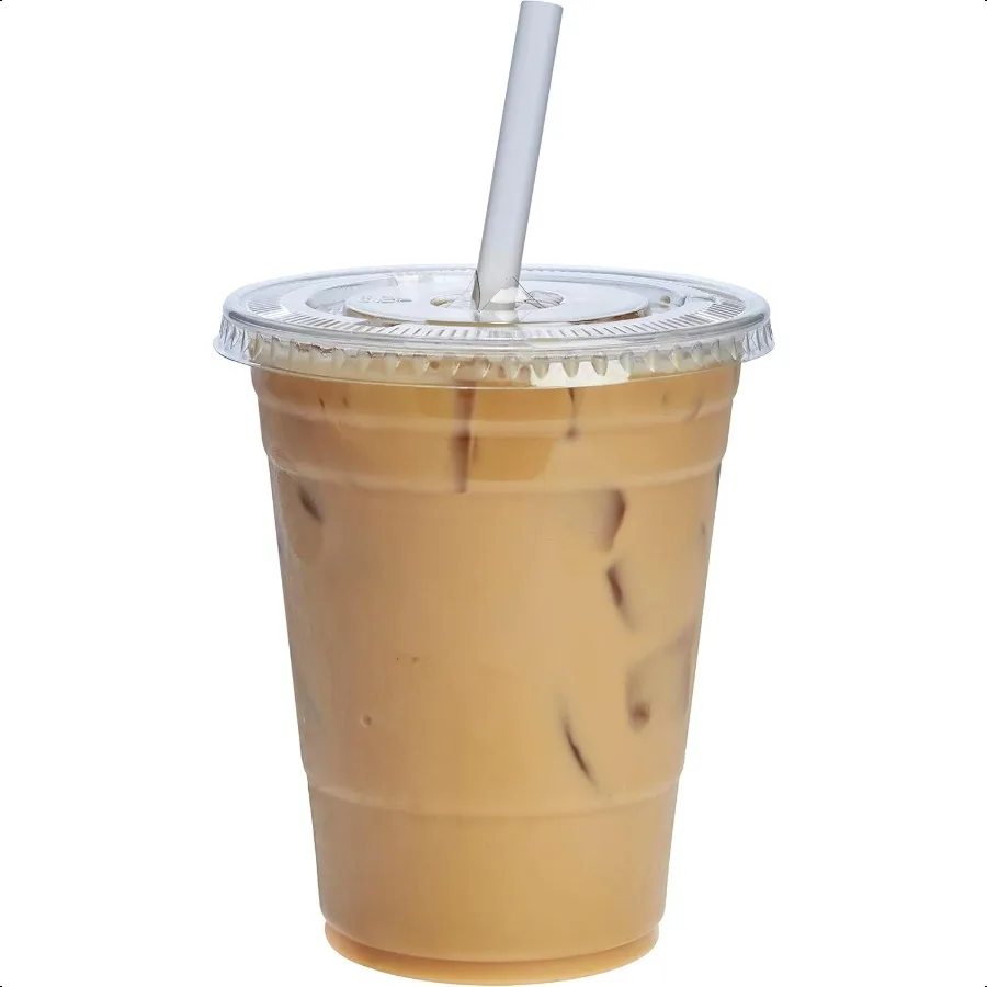 

Clear Plastic Cups with Flat Lids [16 oz 100 Count] Iced Coffee Cups with Lids PET Plastic Cold Cups for Smoothies Juices ToGo