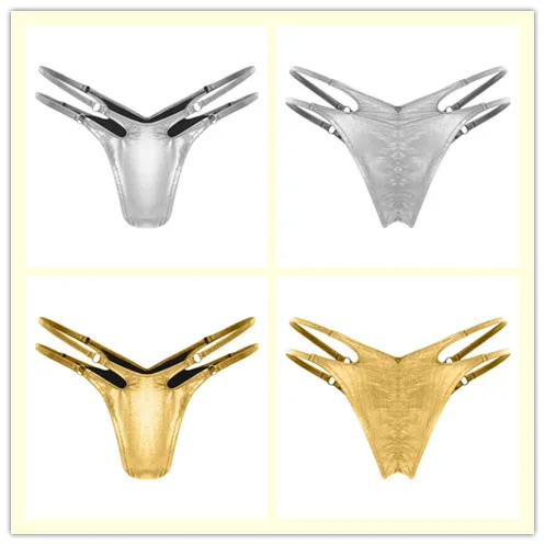 

Sexy Women Shiny Metallic Cheeky Bikini Briefs Underwear O-rings Hollow Out Duble Waistband Panties Role Play Nightclub Wear