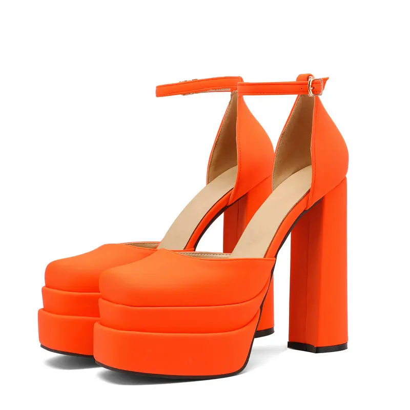 2023 New Summer Bright Orange Rose Color Closed Toe Women Pumps Shoes Block High Heeled Sexy Platform Sandals Party Bride Heels