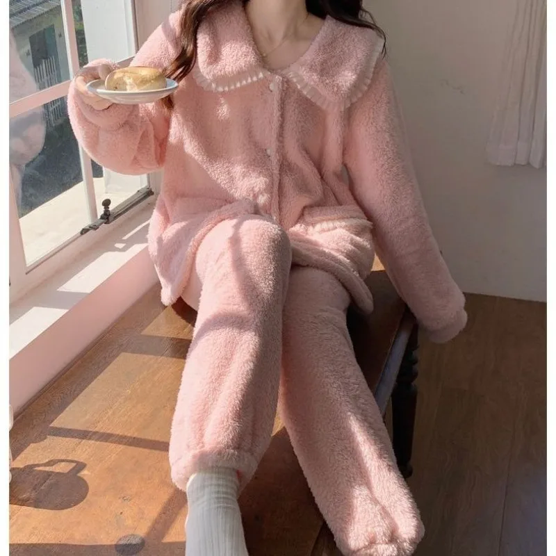 2024 New Sweet Princess Style Women\'s Pajamas Autumn Winter Coral Plush Sleepwear Warm Large Size Girls Outwear Home Wear Set