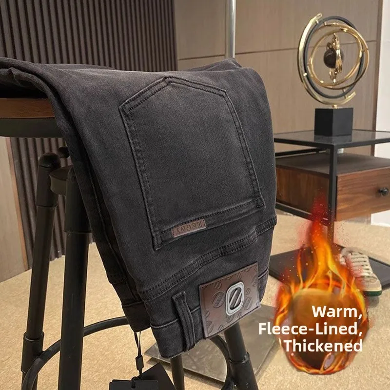 

Мужские джинсы из денима Thiened, зимние, повседневные, эластичные, устойчивые к холоду, облегающие, универсальные, эластичные брюки для отдыха