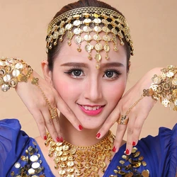 Exaggerated Dubai Indian Thai Gold Color Harness Finger Bracelet Earrings Head Chain Veil Finger Gong Women Belly Dancer Jewelry