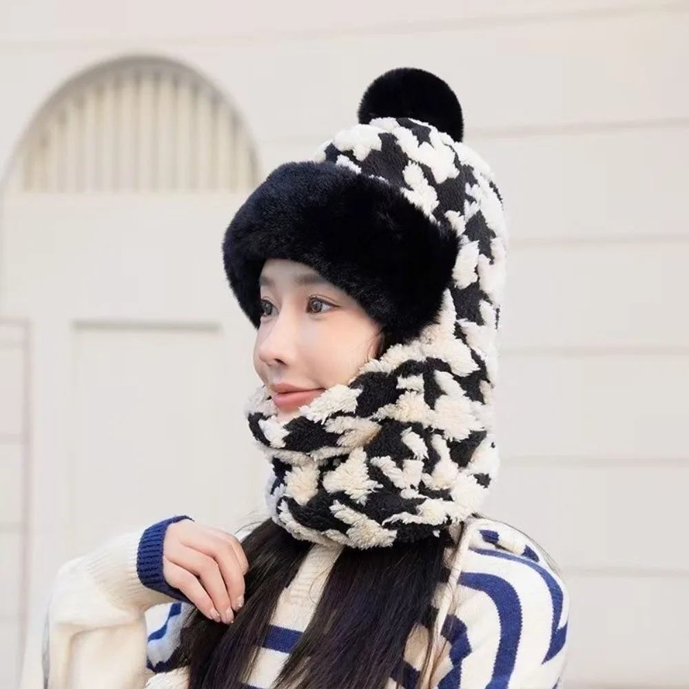 

Thicken Plush Ski Mask Scarf Hat Houndstooth Pattern Thermal Cycling 4in1 Hat Breathable Windproof Neck Cover Face Cap Winter