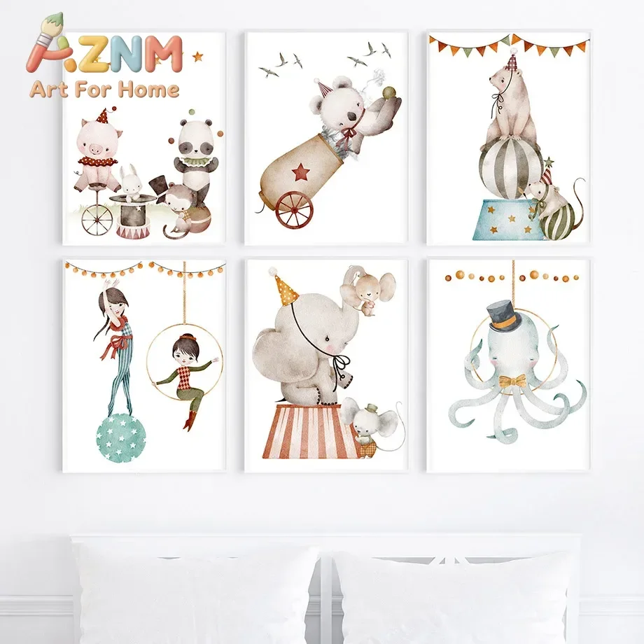 AZNM Watercolor Circus Animals Canvas Wall Art Elephant Bear Panda Octopus Print Poster for Bedroom Home Aesthetic Wall Decor