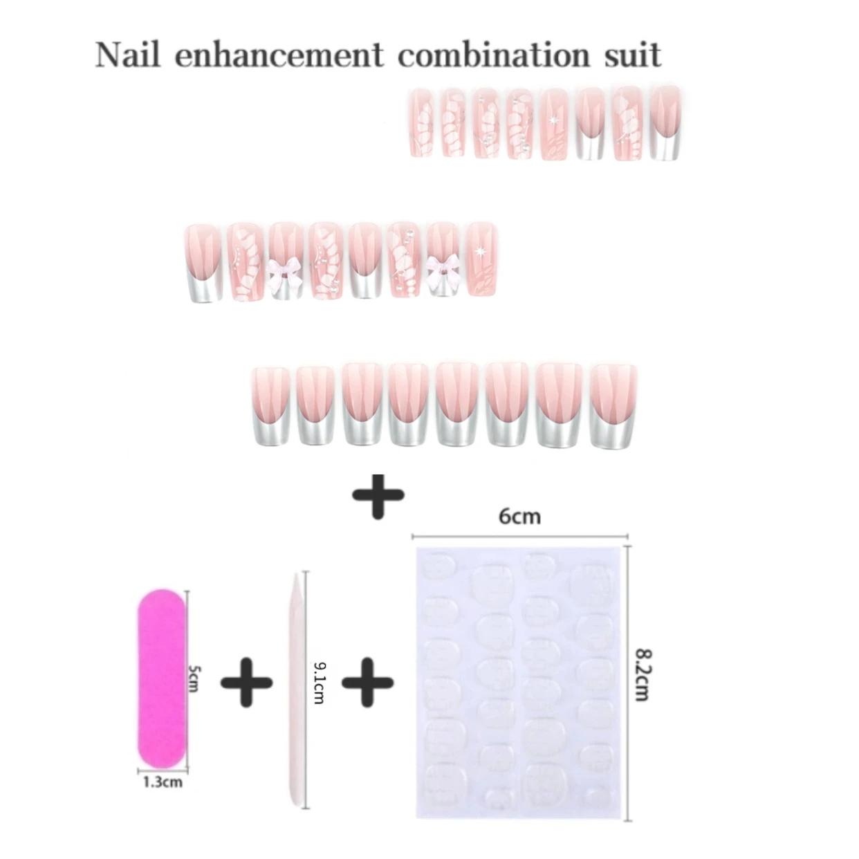 24 pçs remendos de unhas falsas quadradas médias com bowknots 3d design francês imprensa em unhas especiarias meninas wearable dicas de unhas falsas