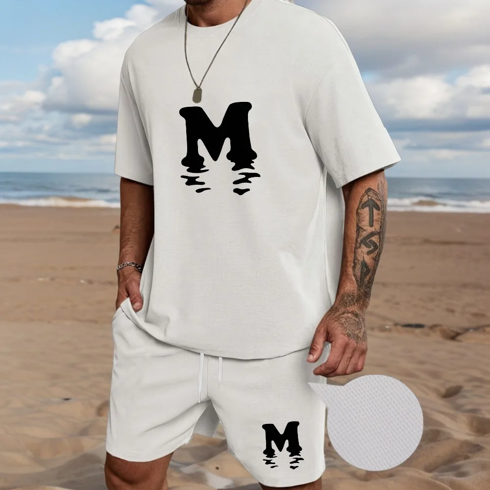 

Men's summer casual fashion with short sleeved T-shirt and shorts set, quick drying, cool, loose and fashionable two-piece set
