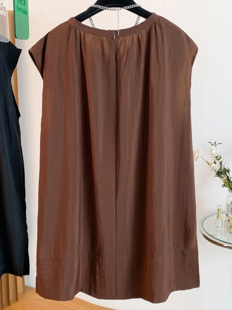 Summer Women Pleated Shirt Vest Back Hollow Out Belted Lazy Cotton Sleeveless Round Neck Pure Color Ladies Tops