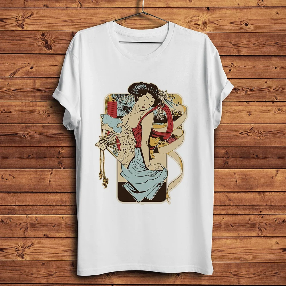 Ukiyoe Style Geisha Samurai T-shirt,Homme Casual Short Sleeve Men White Vintage Ukiyo Tshirt,Unisex Tee Streetwear Breathable