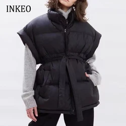 INKEO-Chaleco sin mangas para mujer, chaqueta informal de gran tamaño con cuello alto y fajas, ropa de otoño, 2022