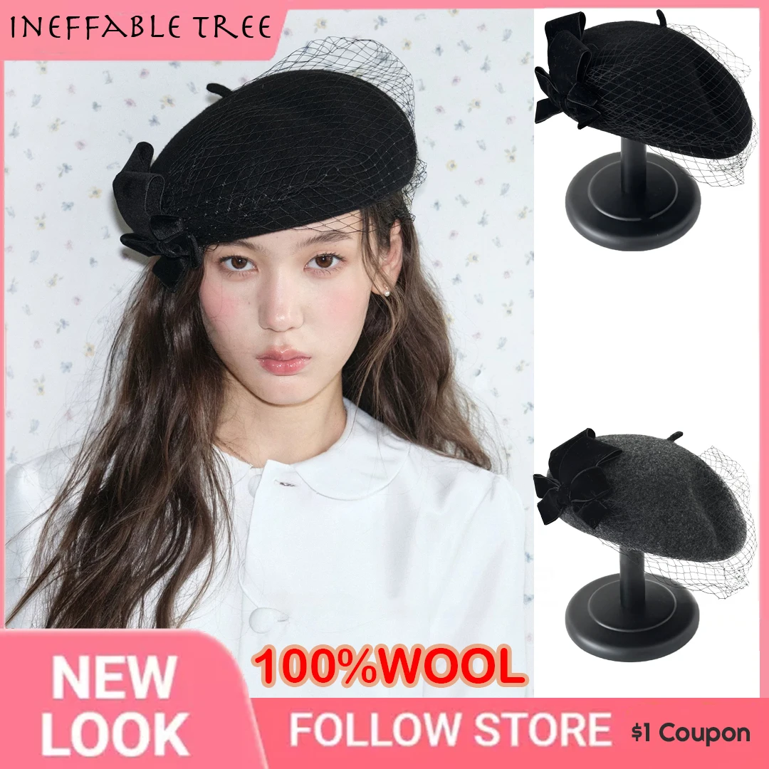 French Playful Wool Lace Beret Hat with Net Women White Berets Elegant Winter Hats for Women Wedding Party Dressy Fascinator Cap