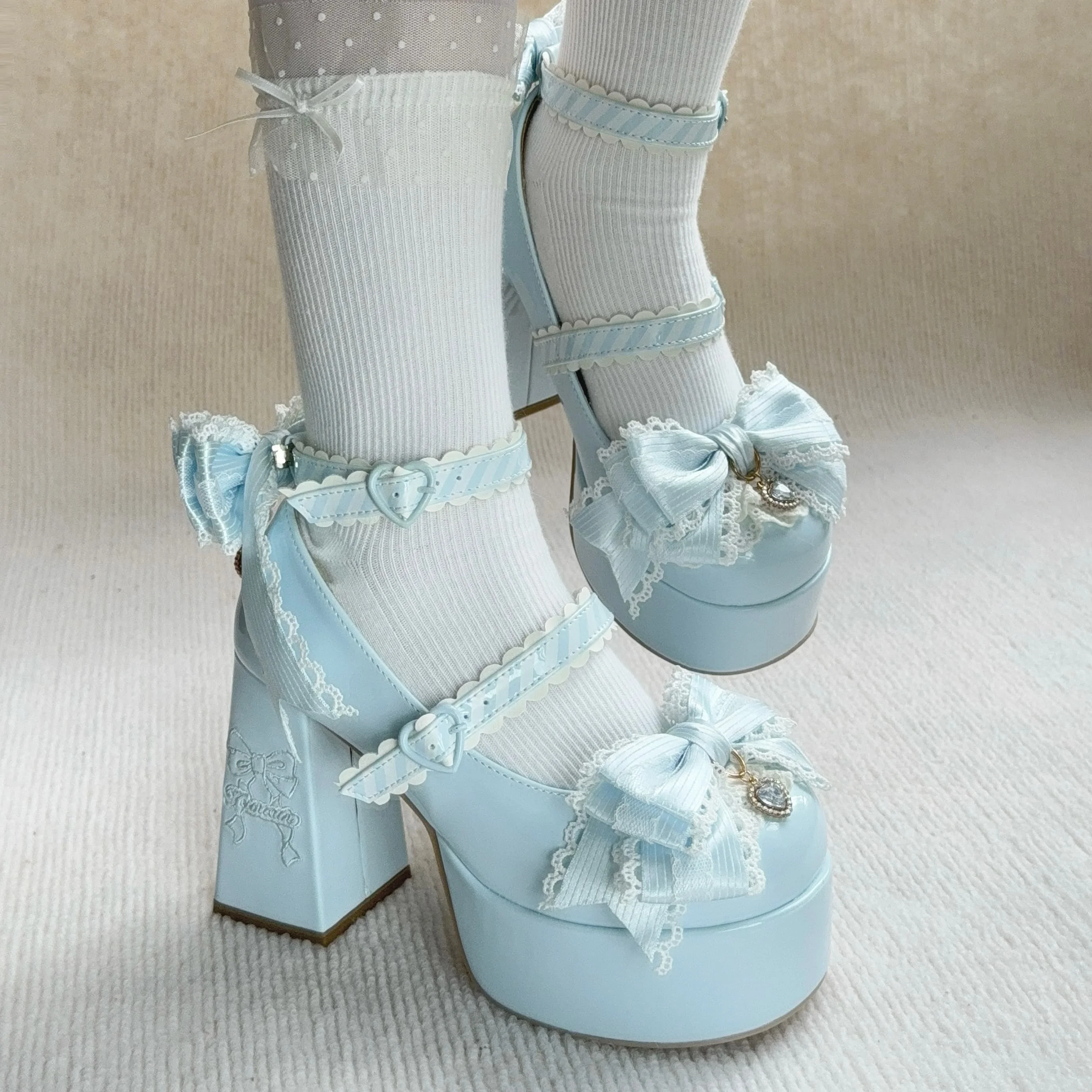 Japanische Original Lolita Bogen Strass High Heels Damen Elegante Vielseitige Mädchen Süße Wasserdichte Tisch Elegante Mary Jane Schuhe