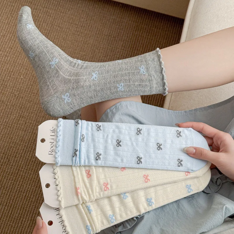 4 Pairs Women's Ballet Style Bow Mesh Mid Calf Socks Wavy Edge Soft Lightweight Breathable for Summer Casual Daily Office Socks