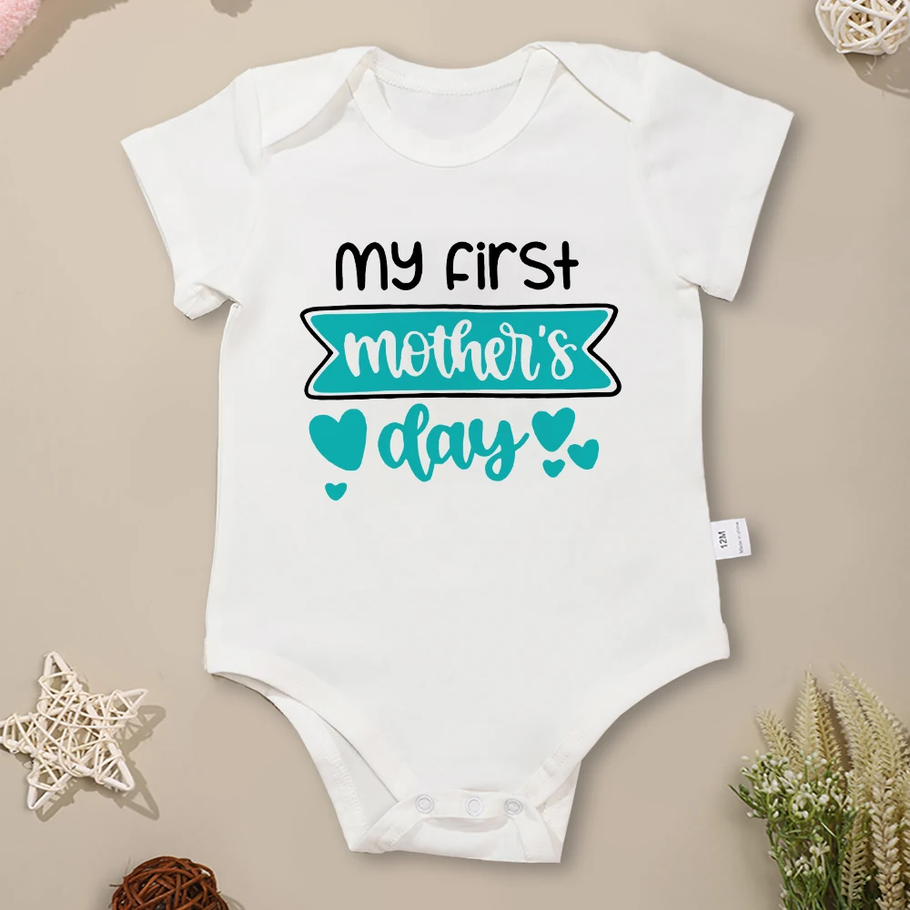 2024 Newborn Boy Clothes My First Mother's Day Pattern Baby Bodysuit Short Sleeve Pure Cotton Crew Neck White Infant Onesie