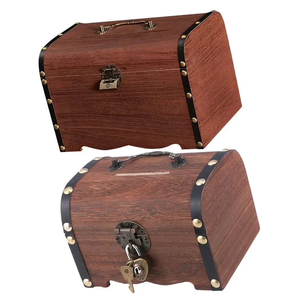 

2 Pcs Wooden Treasure Chest Box Piggy Bank Storage Jewelry Case Vintage Coin Savings Box For Party Gifts