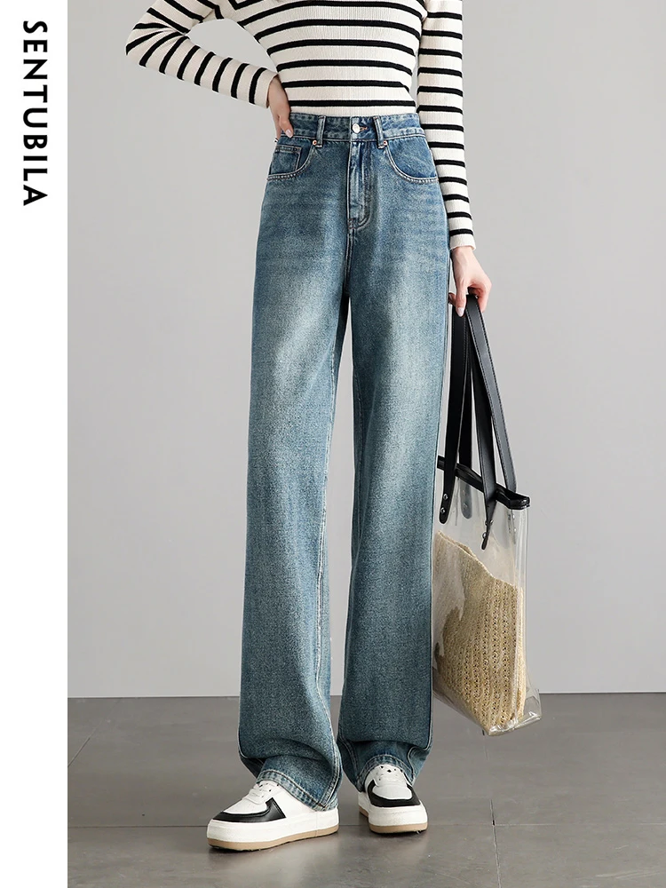 SENTUBILA High Waist Baggy Jeans for Women 2024 Autumn Fashion Wide Leg Straight Pants Ladies Loose Trousers Female W33N50631