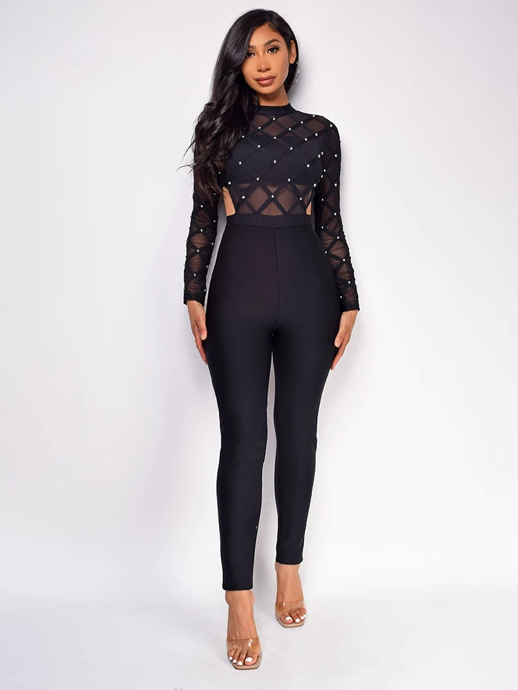 

Black Mesh Cutout Jumpsuit With Crystal Embellishment 2026 Women's Elegant Formal Jumpsuit Bodycon Evening Party Woman Clothing