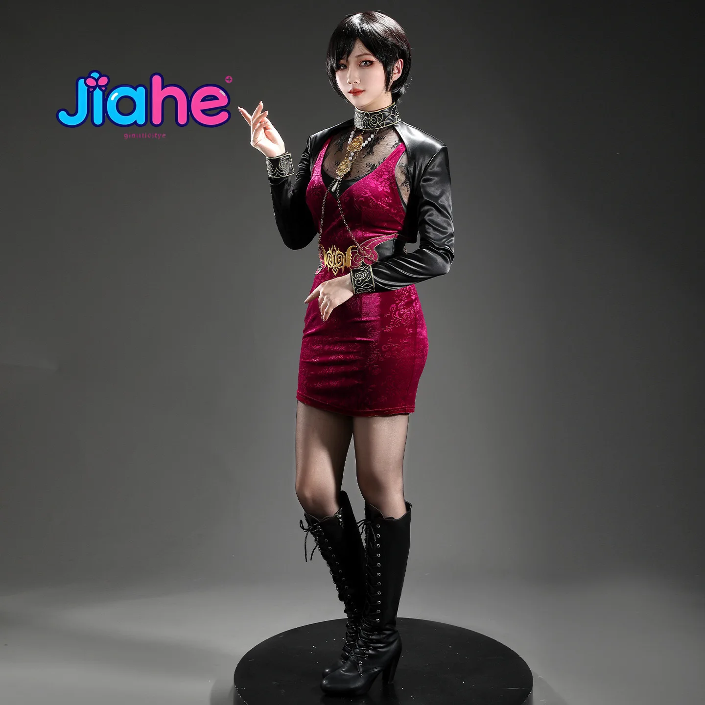 Ada Wong 30th anniversary Resident Evil Game Biohazard Cosplay Costume Halloween women man sexy gold velvet dress shoes suit view 3