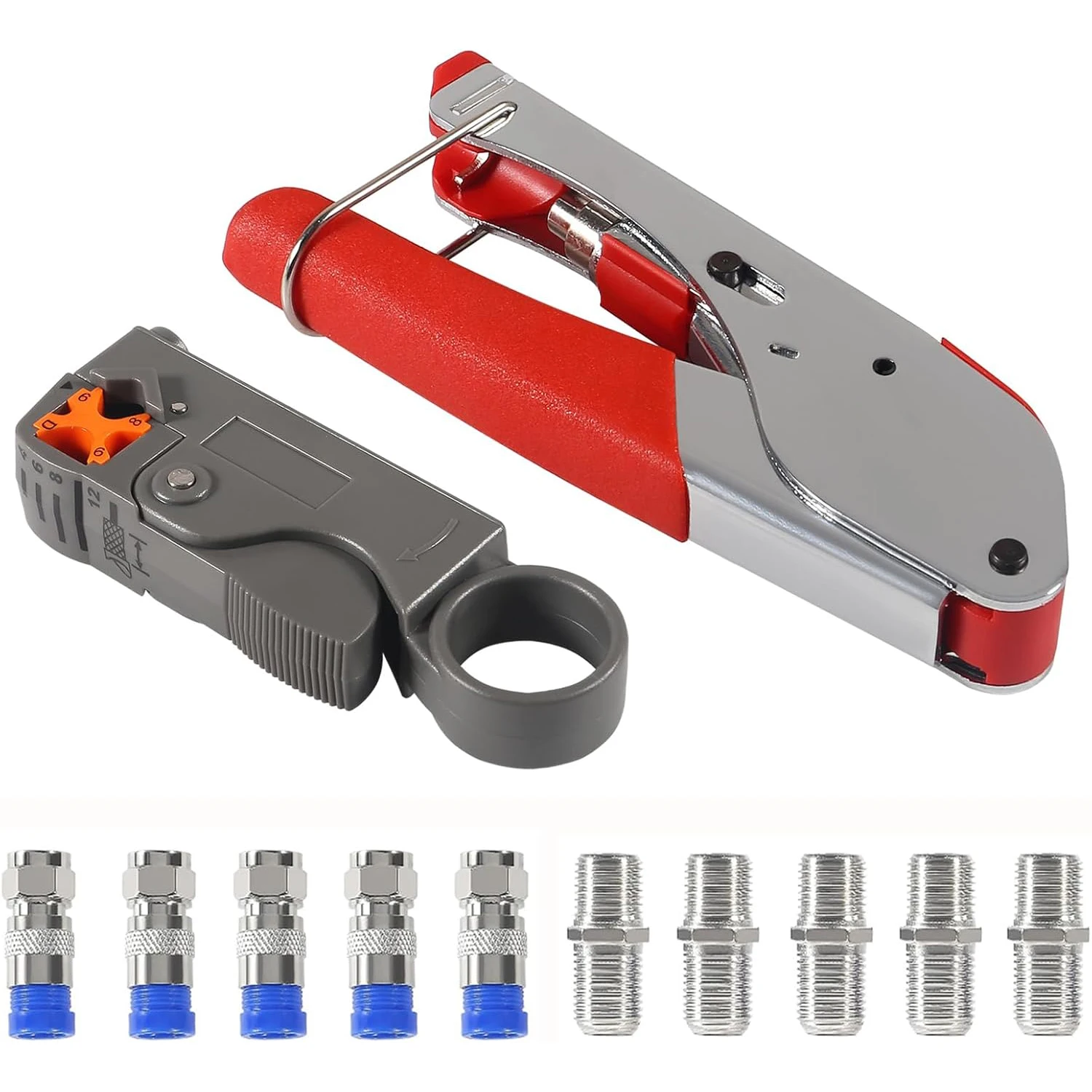 Coax Cable Crimper Coaxial Compression Tool Kit Wire Stripper with with 5pcs RG6 F Type Connector and 5pcs RG6 Coax Cable Extend