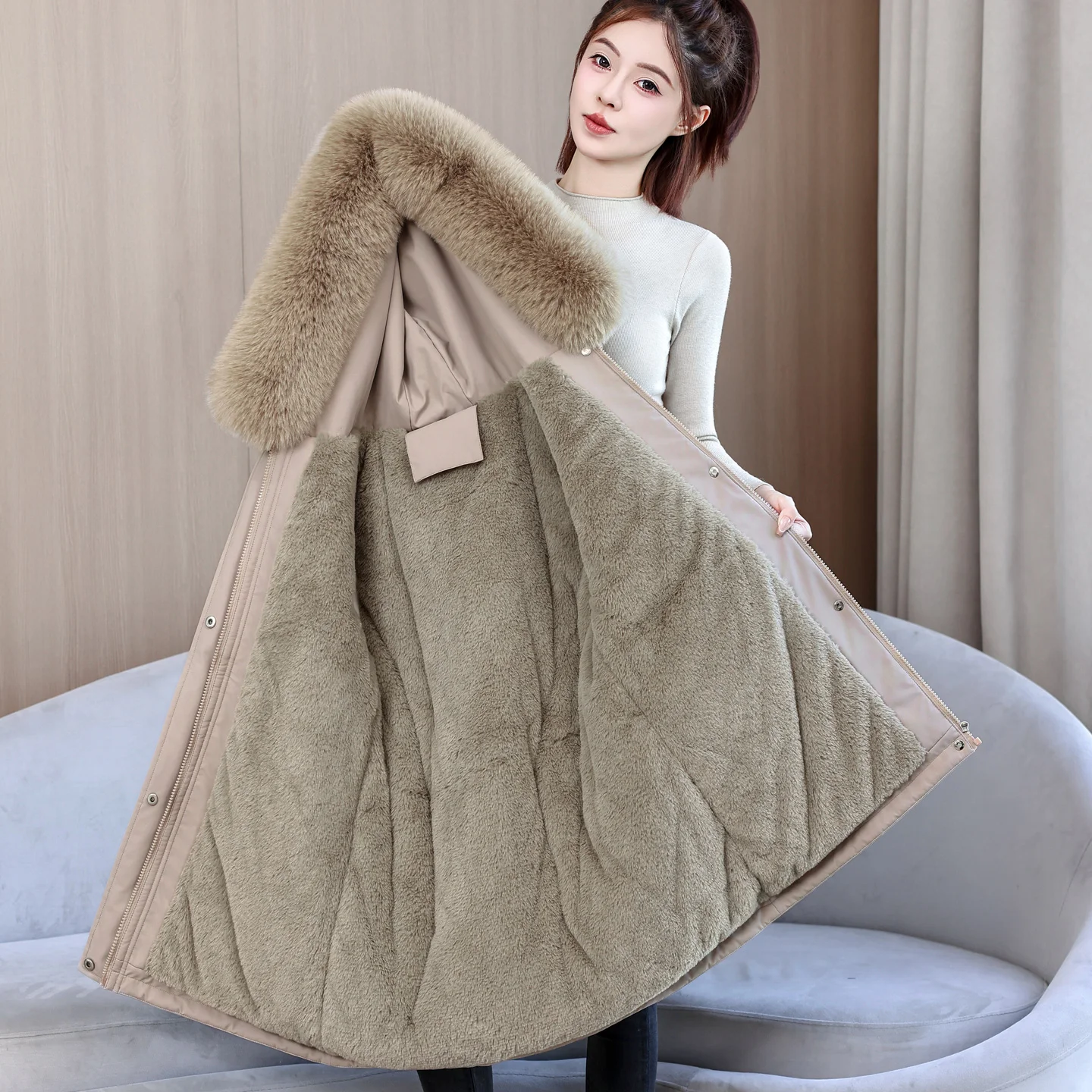 New Women's Winter Mid Length Parka Fleece Lined Slim Fit Hooded Adjustable Waist Quilted Coat Warm Wind Resistant Outer Garmen