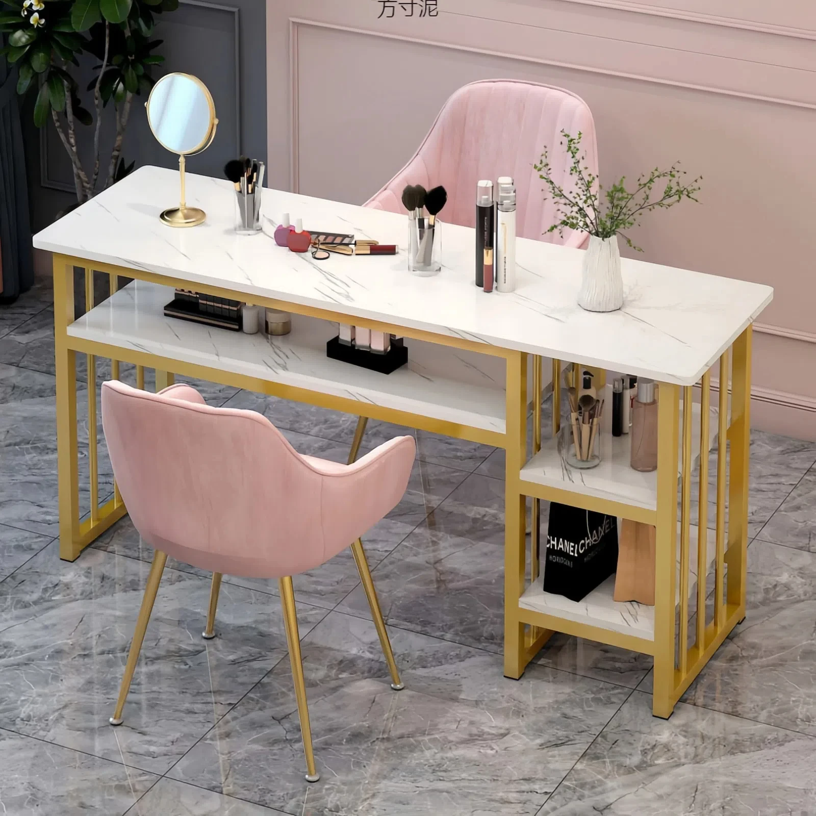 Modern Luxury pink Marble Portable Foldable Travel Nail Table Desk Lamp with Dust Collector Suction for Salon Manicure Nail Tech