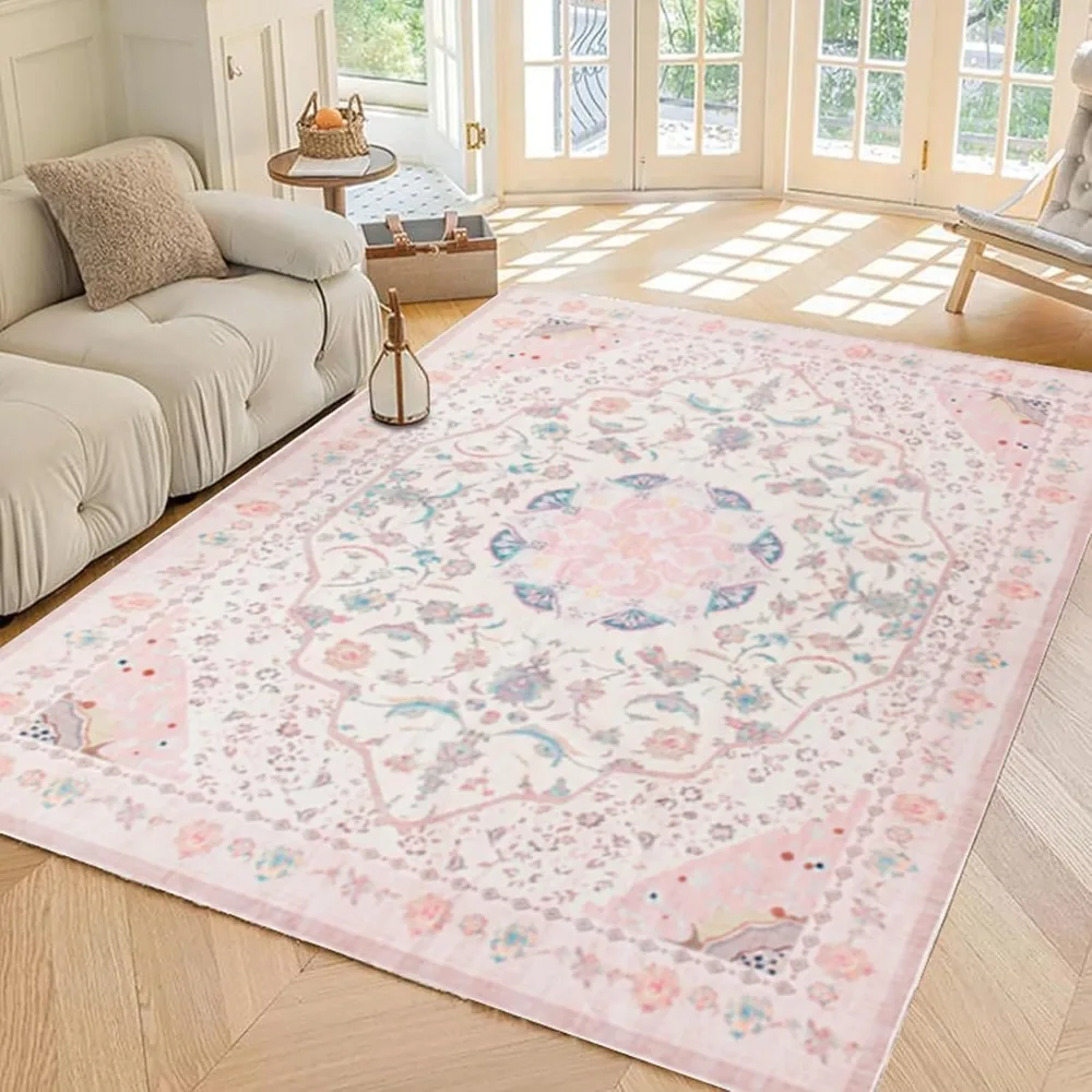 

Area Rug - Vintage 8x10 Non-slip Backing Area Rugs Light Pink Soft Faux Wool Carpet Foldable & Machine Washable Rugs