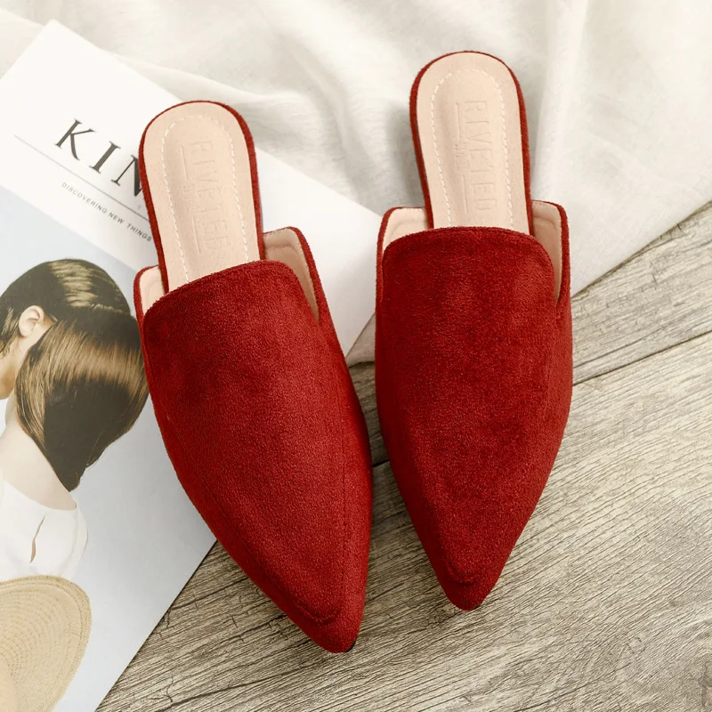 Fashion Baotou Flat Pointed Half Slippers Women\'s Suede Black Mules Large Sizes 42 Female Breathable Shoes босоножки женские