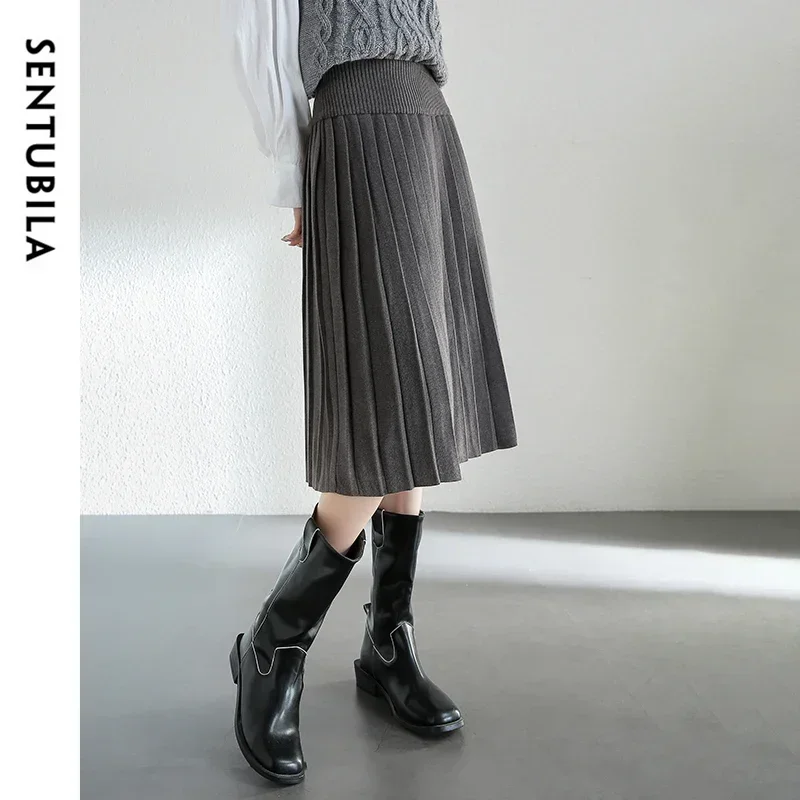 

SENTUBILA Knitted Pleated Skirt for Women 2025 Winter Fashion A-line Hight Waist Knee-length Solid Knit Classic Skirts W44Q56687