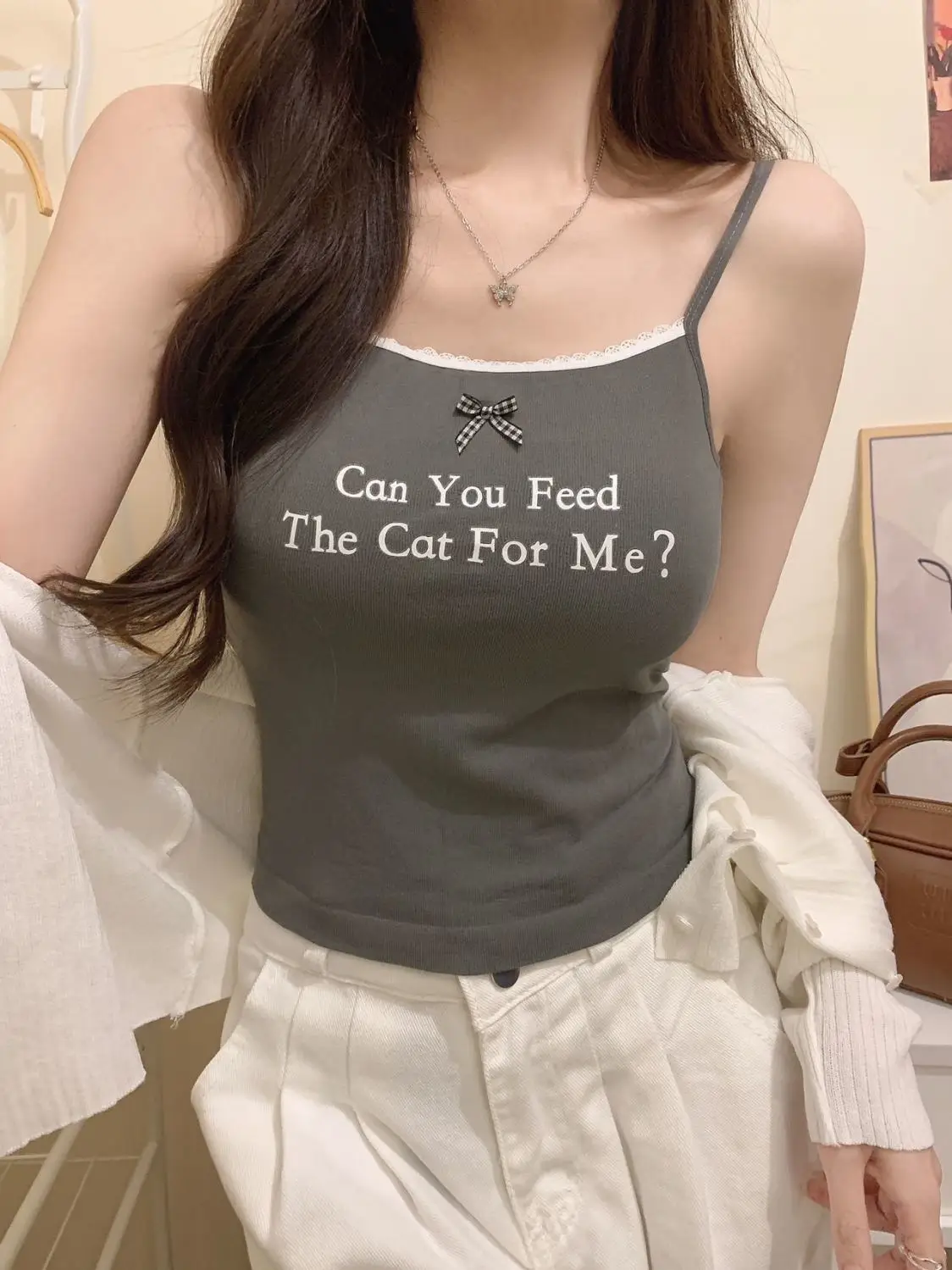 Letter Printed Camisole Woman Summer Sweet Spaghetti Strap Tank Top Female with Built In Bra Corset Women Lace Vest with Padded