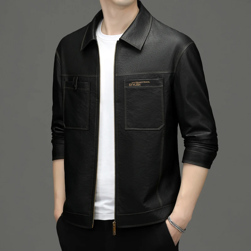 Men\'s Leather Coat Cargo Pocket Lapel Business Casual 2023 Autumn New Leather Jacket Coat