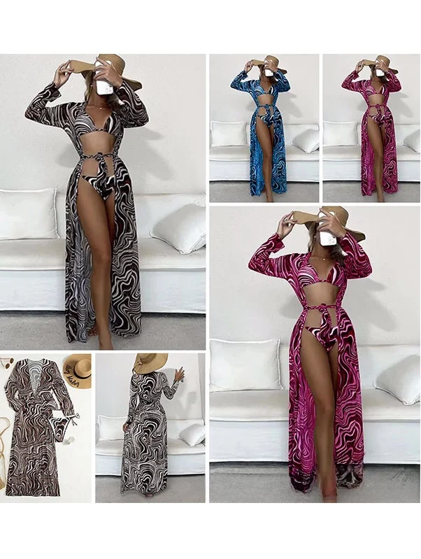 

Модный женский длинный купальник-тройка 2026 года для пляжа с защитой от солнца и поясом на талии