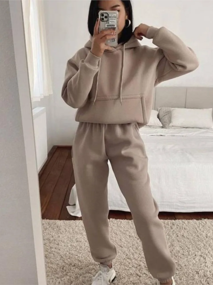 

Повседневная толстовка с капюшоном и длинными рукавами и карманами, однотонные брюки, спортивный комплект, комплект из двух предметов, женский спортивный костюм, новые в подходящих комплектах