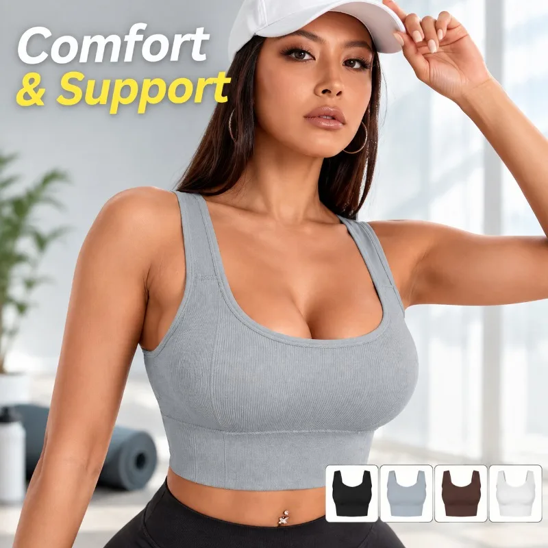 Ribbed Shockproof Yoga Vest One-piece Built Chest Pad Fitness Workout Sports Brassiere Active Undergarment for Female Gym