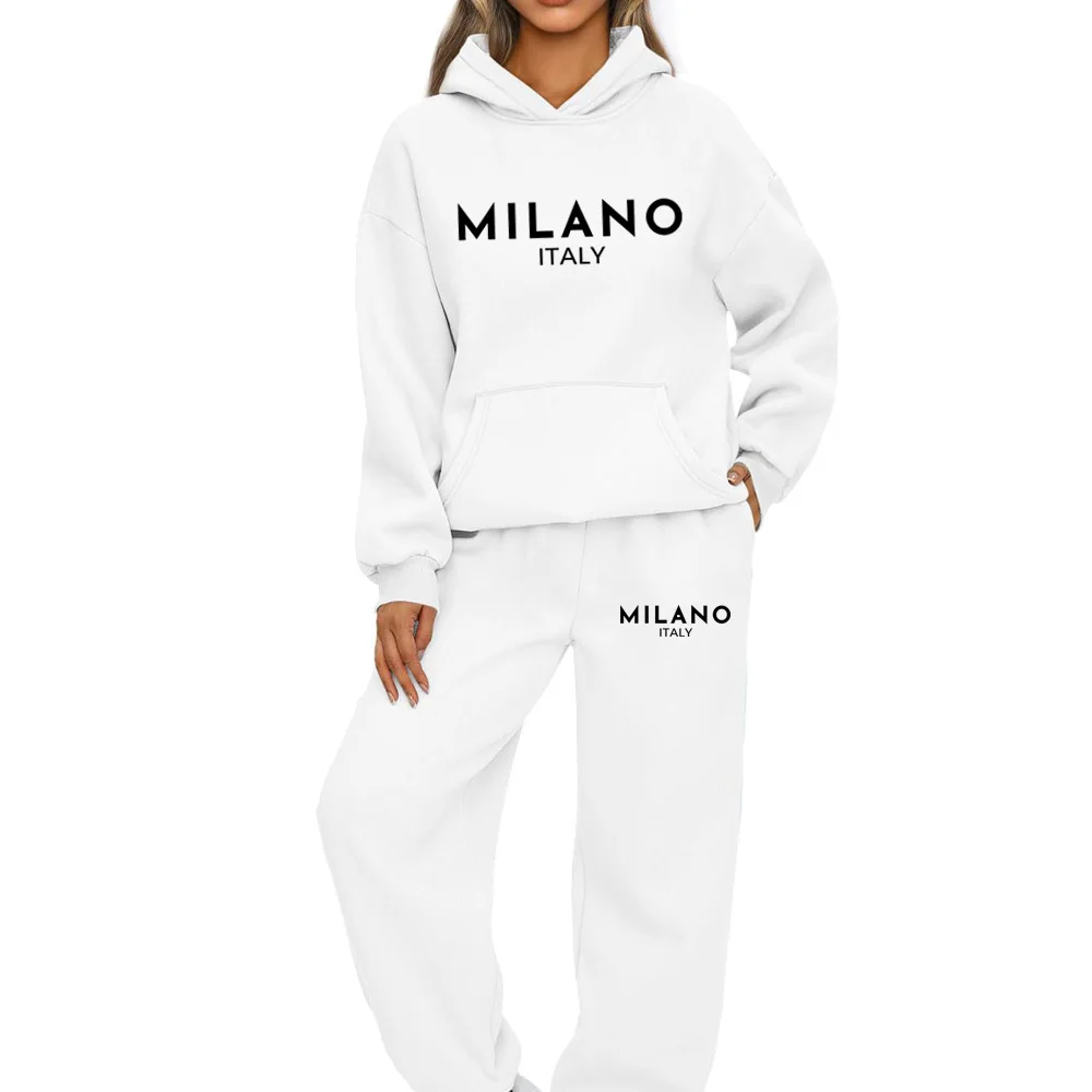 2 Piece Set Women Outfit MILANO Letter Print High Neck Hoodies Sweatshirt Pants Tracksuit 2022 Plus Size Streetwear Casual Suit