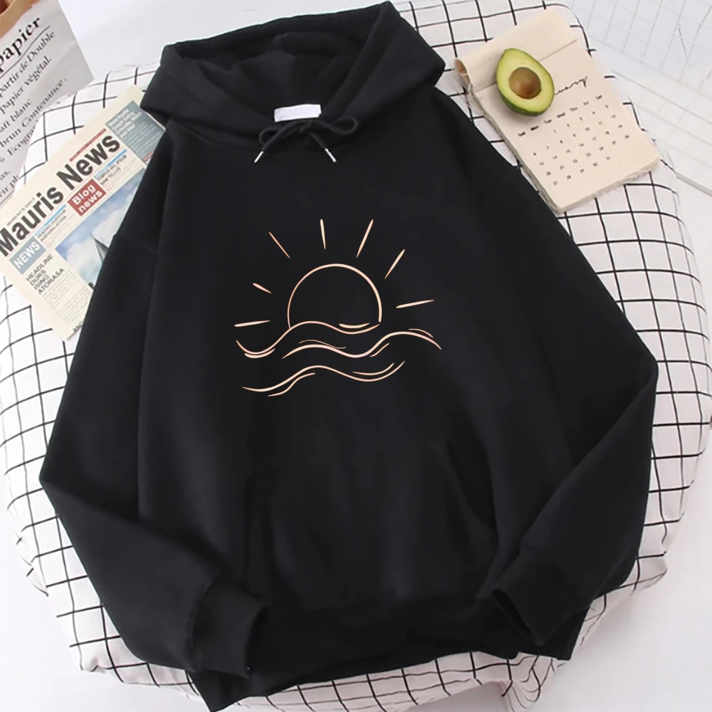 Sunset Wave Hoodie Sweatshirt Minimalist Nature Design Casual Loose Long Sleeved Chic Relaxed Fashionable Cloth Pick Tops