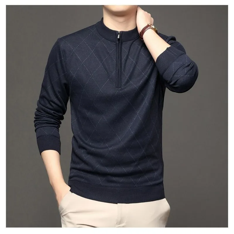 سترة رجالية سميكة ذات ياقة مدورة خفيفة فاخرة وسحاب محبوك في منتصف العمر سترة محبوكة #5