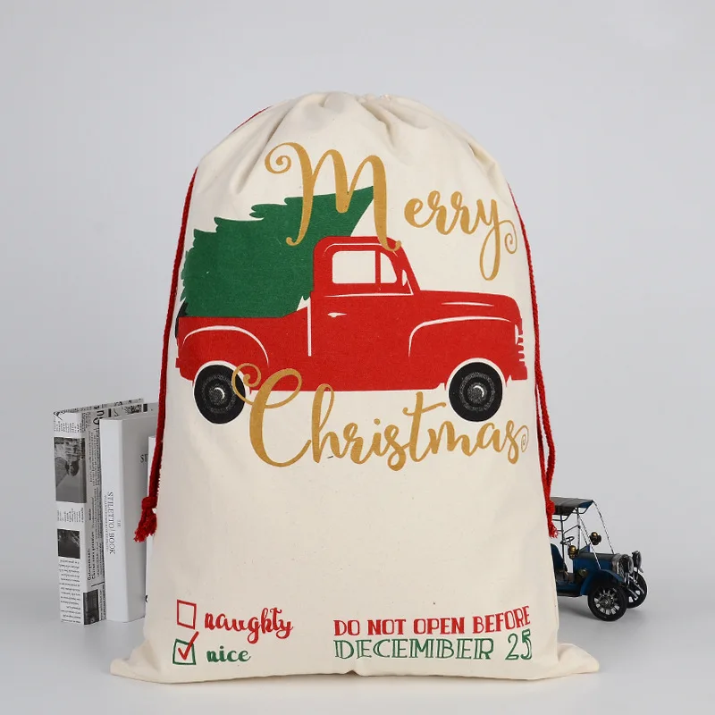 Bolsa de regalo de Navidad con estampado de logotipo personalizado, bolsa de lona de algodón y poliéster, lisa, a granel, Papá Noel, compras