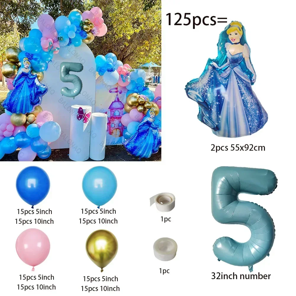 125pcs Princess Theme Cinderella Cartoon Model Happy Birthday Party Decoration Cinderella Aluminum Foil Balloon