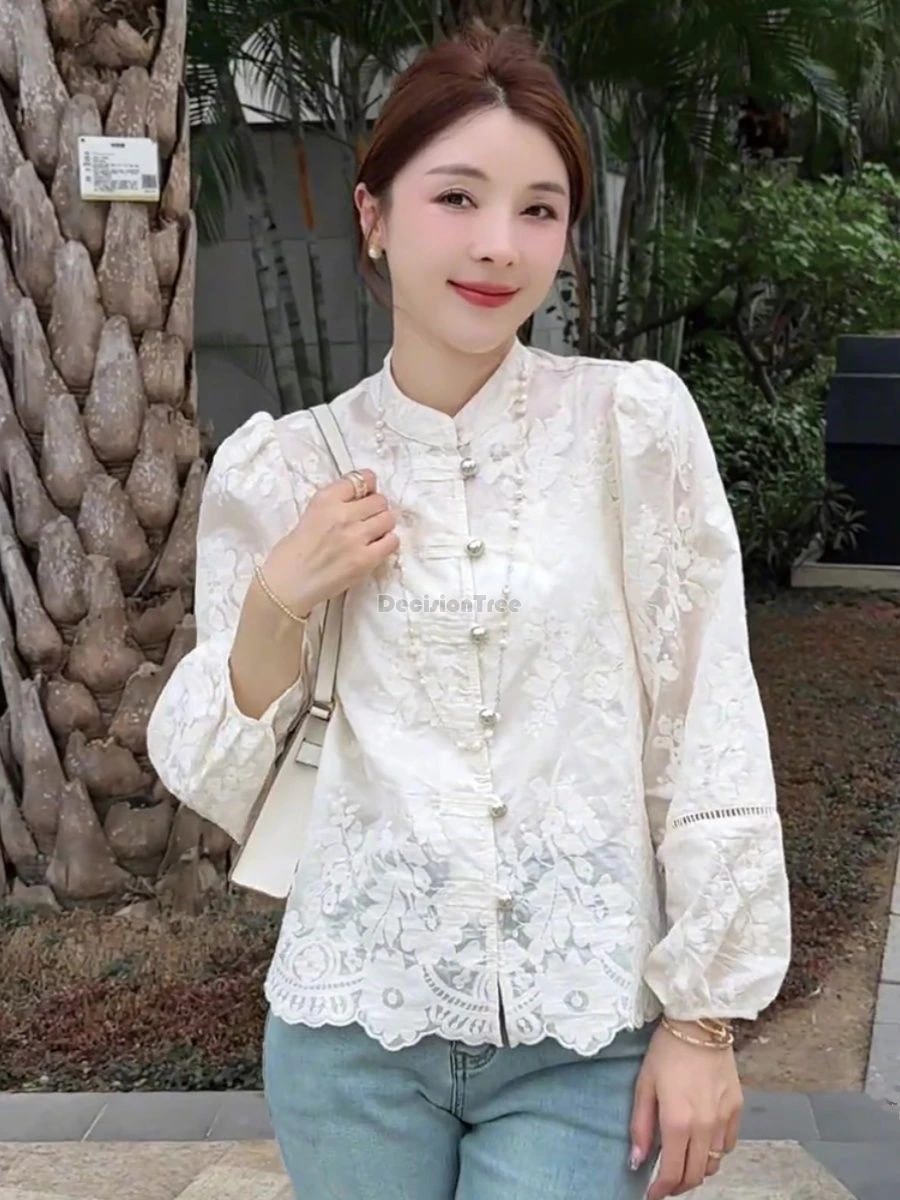 2024 new chinese style lace button tang suit top elegant sexy hollow out embroidery lady party blouse fashionable versatile top