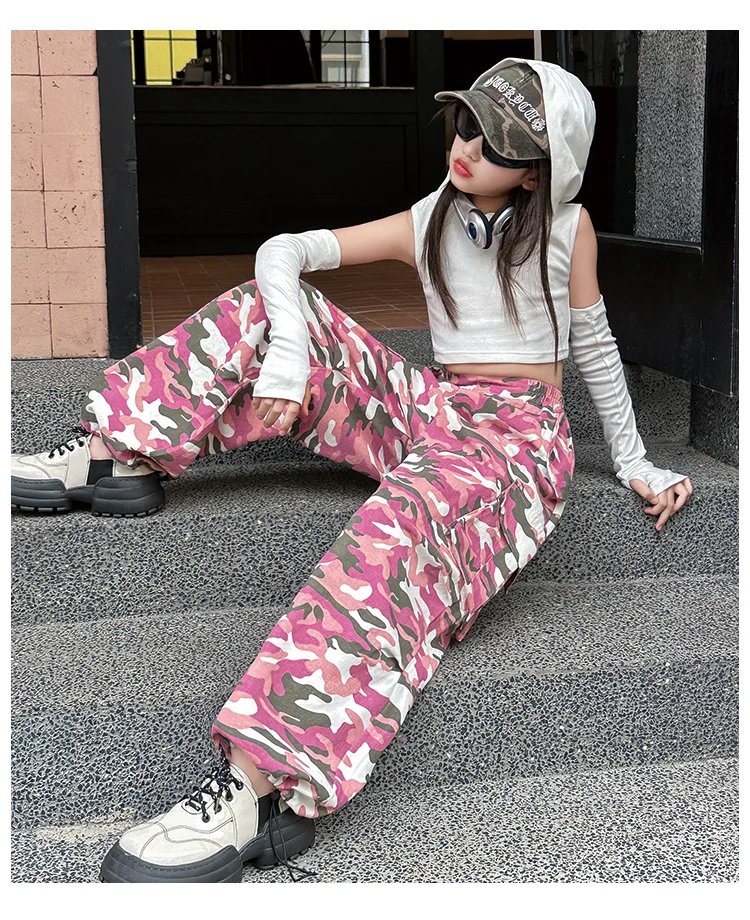 Koreanische Kinder-Cargo-Hose in Rosa Camouflage für Frühling und Herbst, lässige Hose mit elastischem Bund und Taschen für Teenager-Mädchen, Streetwear-Hose für Teenager. – Detail 3