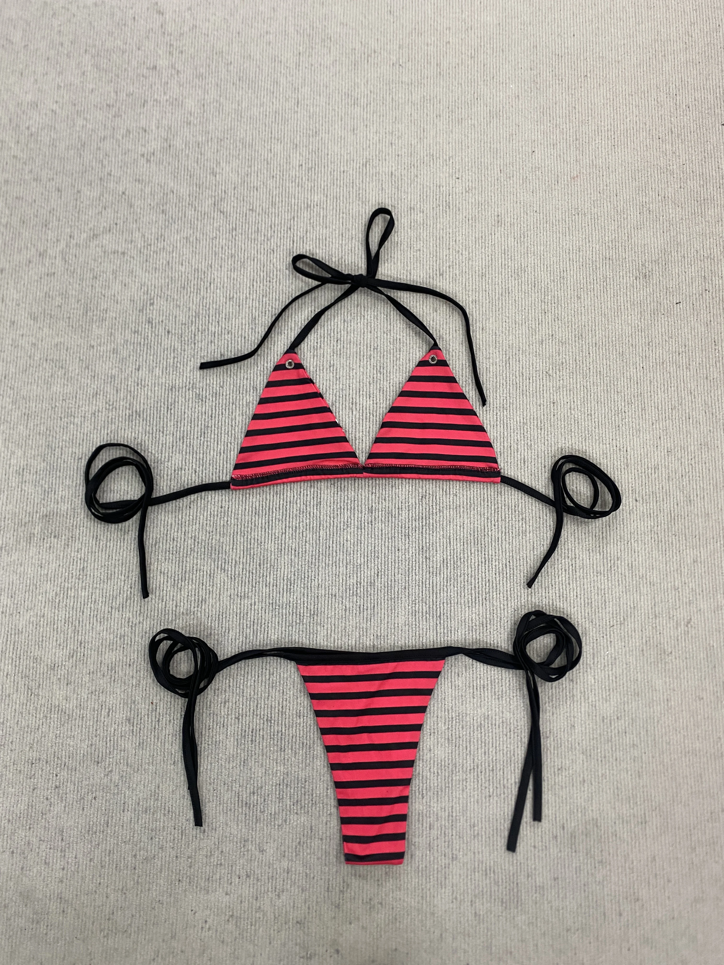 Y2K European American Red Black Stripe Print Cross Harajuku Bikini Summer Sexy Hot Girl Sweet Cute Hanging Neck Strap Bikini Set - Image 2