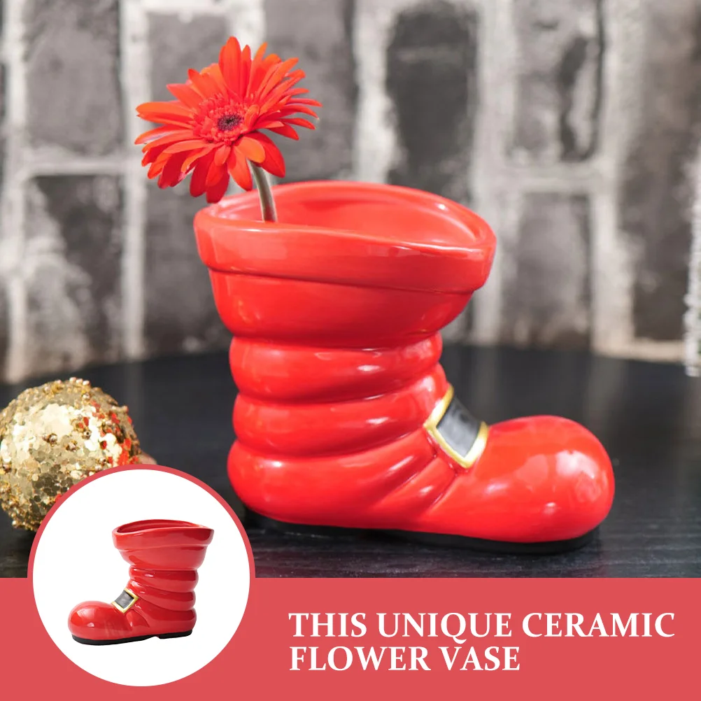 Christmas Santa Boots Planter Ceramic Flower Vase Red Boot Shaped Flower Holder Unique Christmas Table Centerpiece for Winter