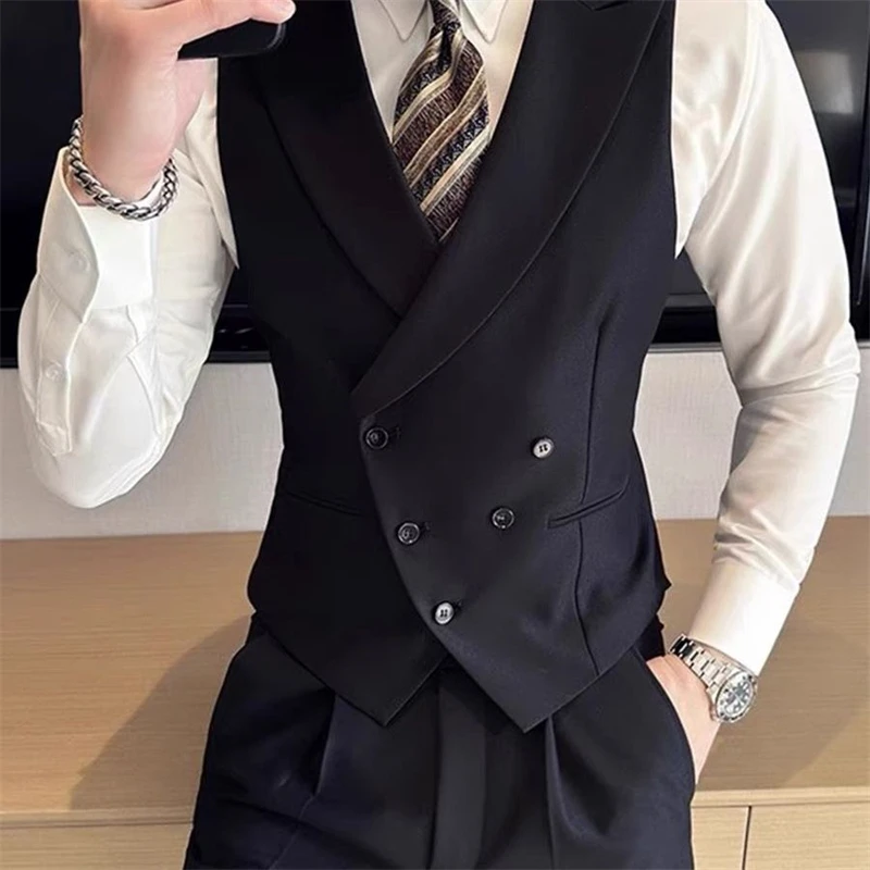 Men Vest Solid Peaked Lapel Double Breasted Sleeveless Jacket Wedding Banquet Business Casual Slim Waistcoat