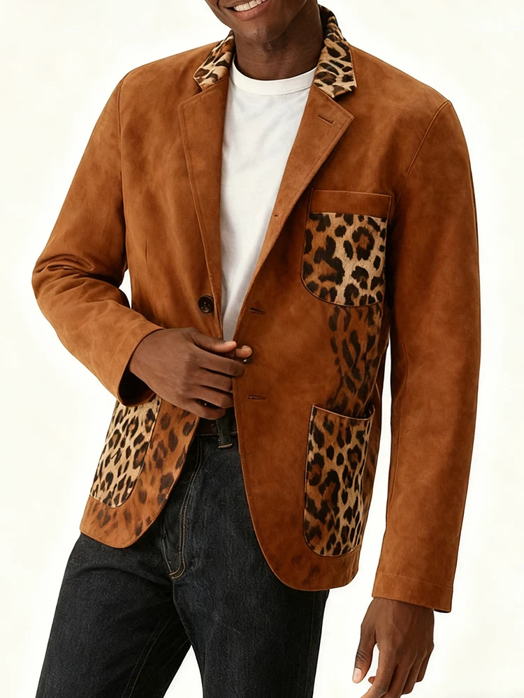 أنيق ليوبارد الطباعة جاكيتات رجالي ربيع الخريف Vintage زرر التلبيب السترة سترة معطف الرجال Vintage سليم صالح سترة القمم
