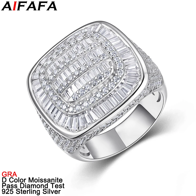 D Color VVS Full Moissanite Diamond Rings High Grade Square s925 Sterling Silver Sparkling All Moissanite Men Ring Fine Jewelry