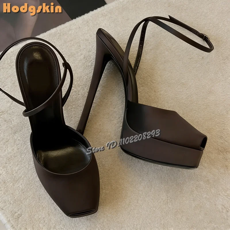 

Sexy Satin Coffee Pumps Peep Toe Shallow Buckle Strap Platform High Heels Sandals 2026 Summer Women Fashion Party Stiletto Shoes