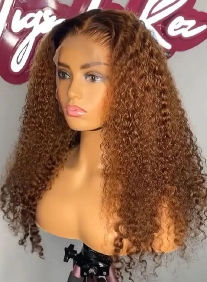 Curly Lace Front Perucas para Mulheres Africanas, Glueless, Kinky Baby Hair, Parte Profunda Diária, Pré-Arrancadas, Marrom, 180 Densidade, 26 in